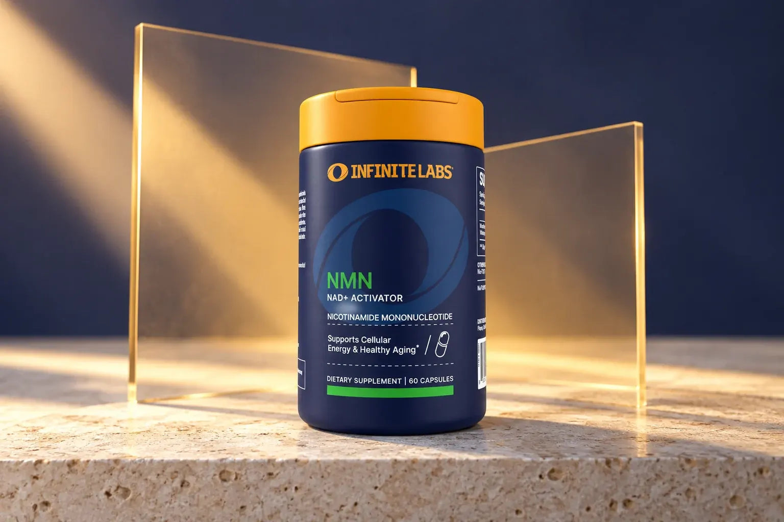 InfiniteLabs NMN bottle on pale stone with translucent planes.