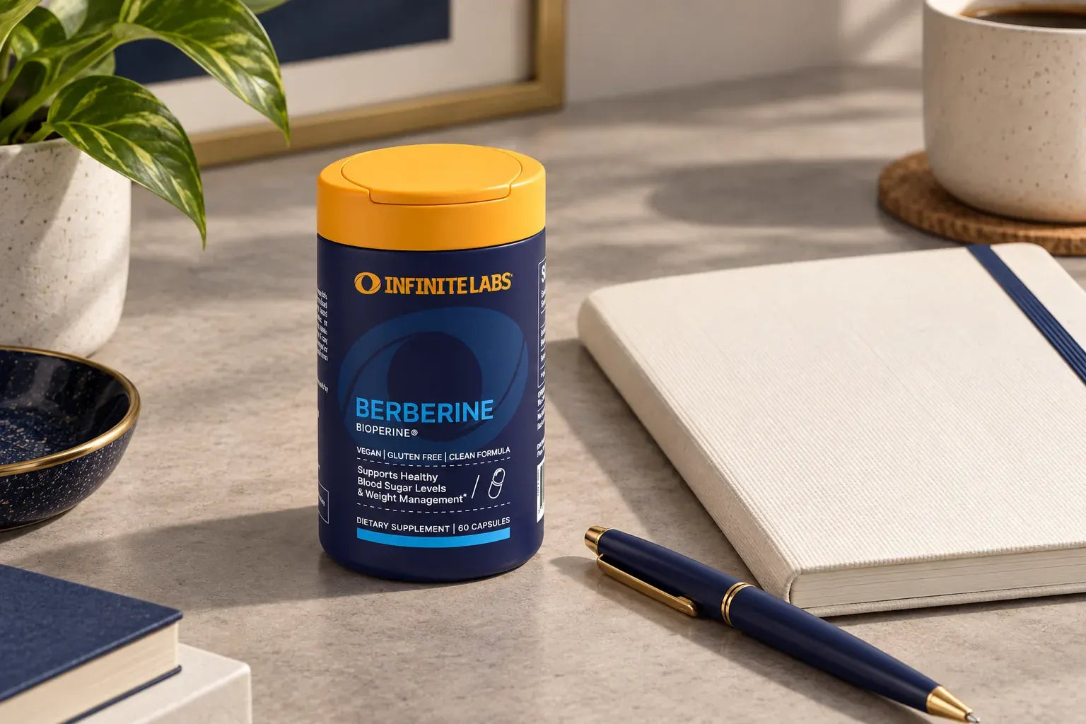 InfiniteLabs Berberine bottle beside a blank notebook and pen.