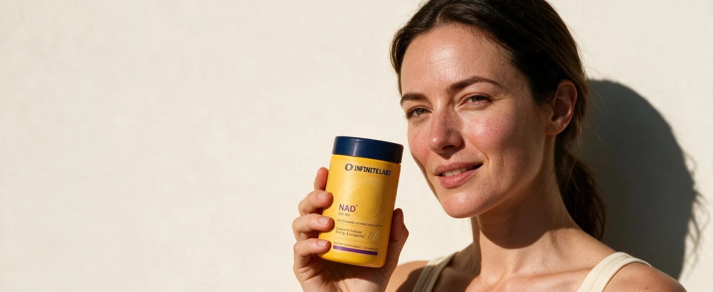 A woman holding an Infinite Labs NAD+ bottle in natural light