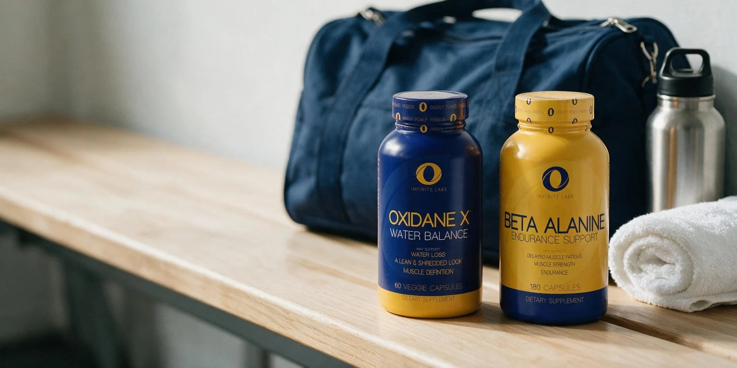 Oxidane X and Beta Alanine beside a gym bag